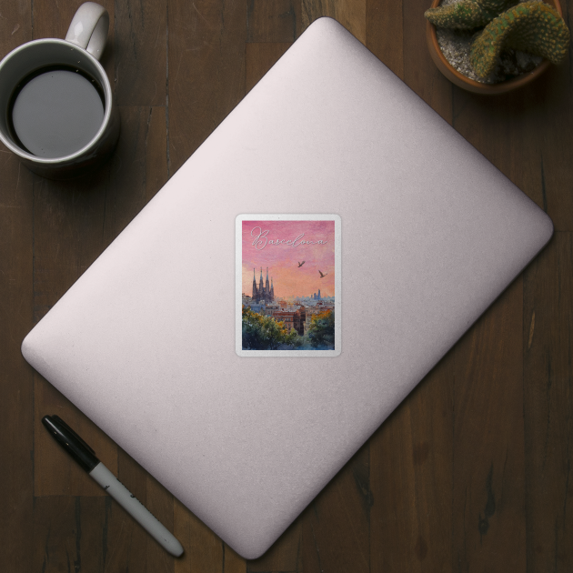 Barcelona Sunset Skyline Print – Watercolor Cityscape Poster by TuncGK
